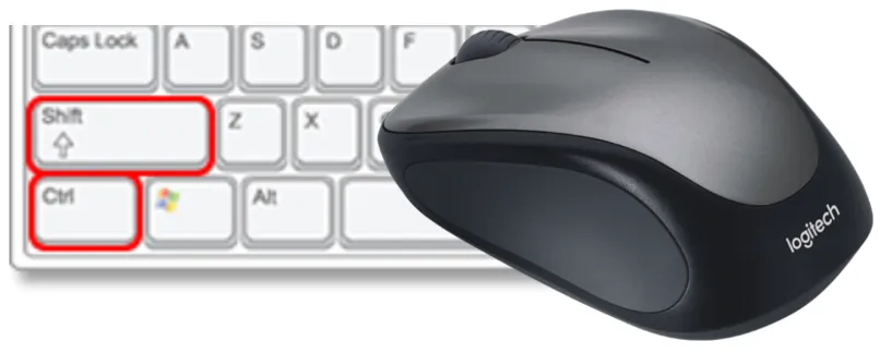 Ctrl and Shift keys highlighted on a keyboard next to a mouse